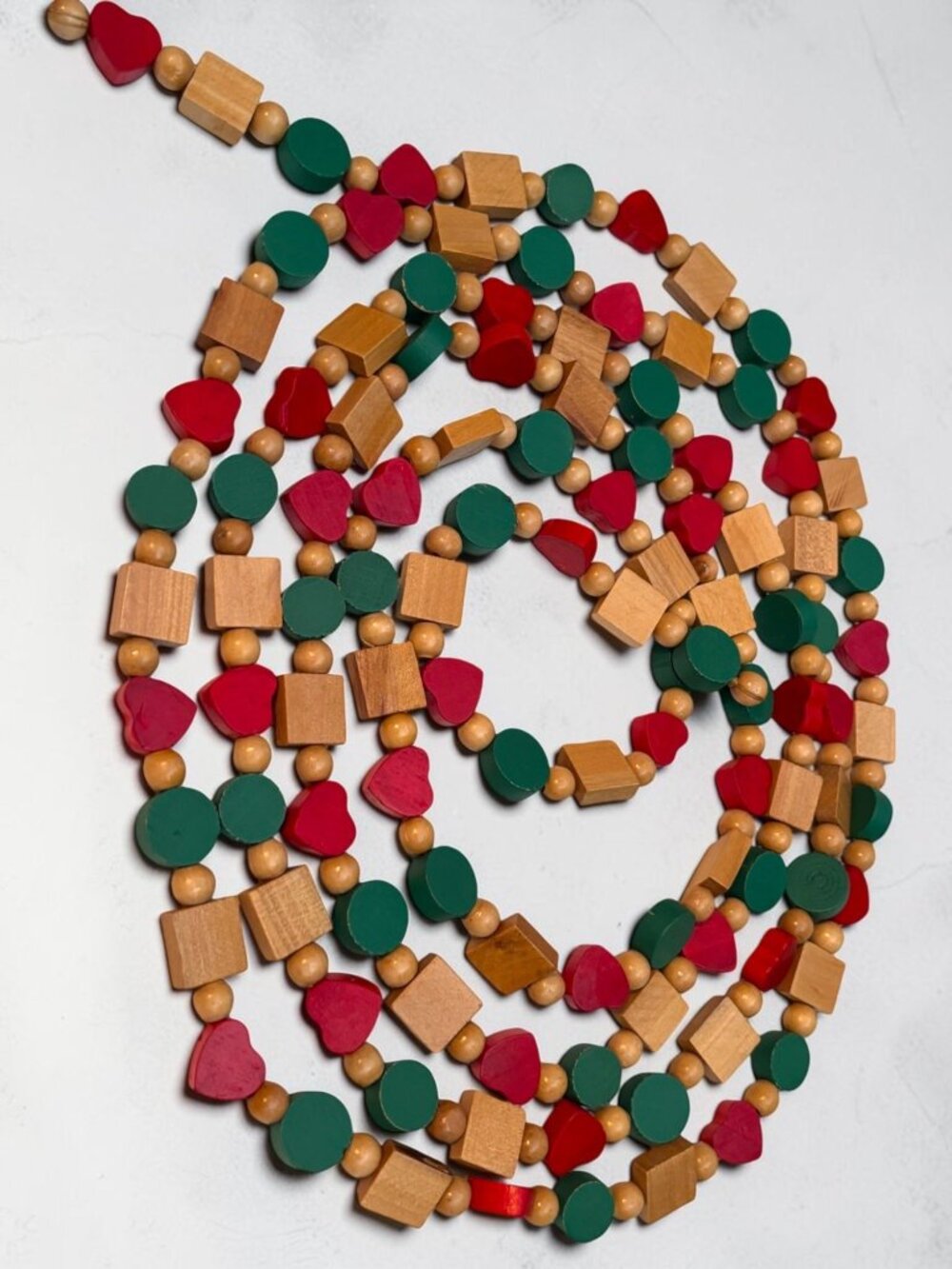 Vintage Wooden Bead Garland - Red Green & Natural Shapes - Heart Circle Square -